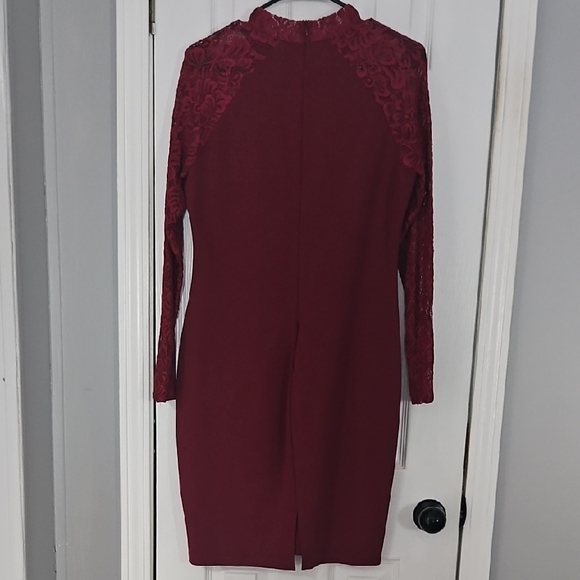 Belle Sky Burgundy Long Sleeve Mock Neck Sheath Dress - Picture 4 of 7